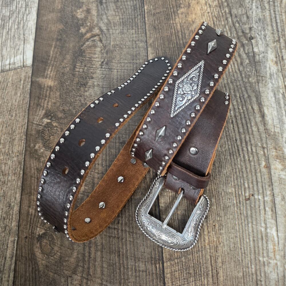 Nocona Brown Leather Western Belt Silver Studded Concho SZ 34  Removable Buckle